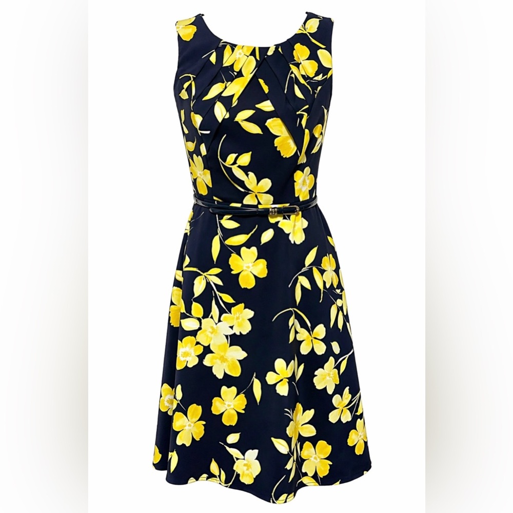 Alyx Navy and Yellow Watercolor Floral Fit & Flare Midi Belted Dress 4 Garden